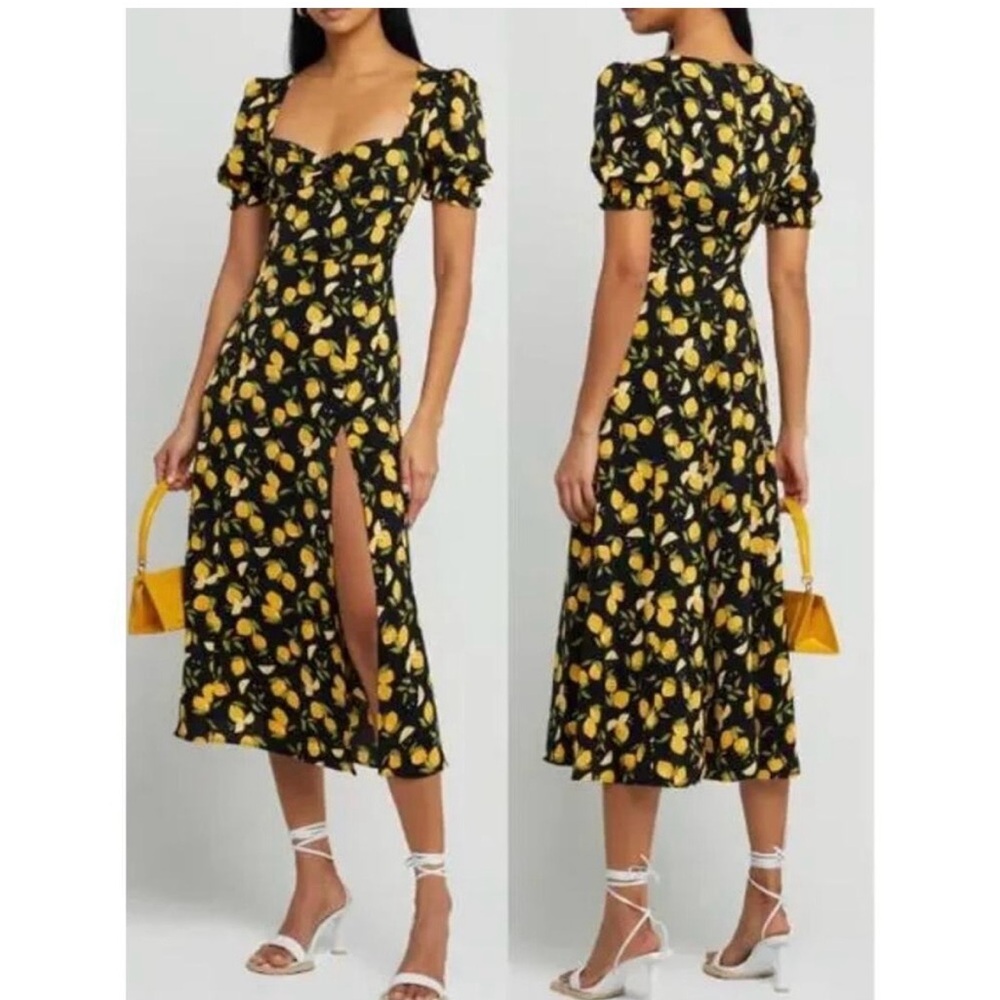 Black Midi Dress with Yellow Lemon Print and Puff Sleeves